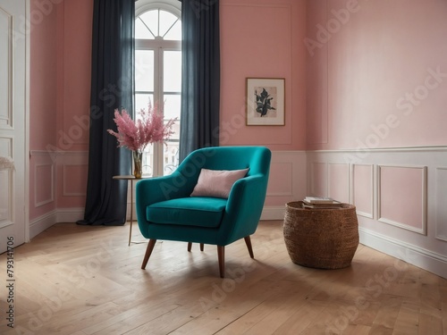 Teal Armchair with Pink Plant in Radiant Room with Beige Wall and Birch Parquet Flooring