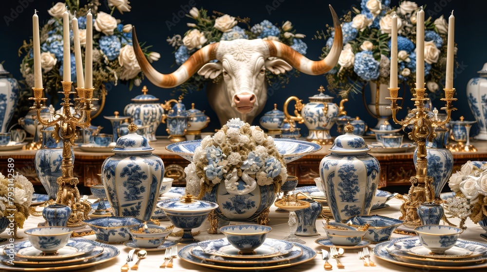 An opulent table set with fine china and flowers, with a bull's head at the center.