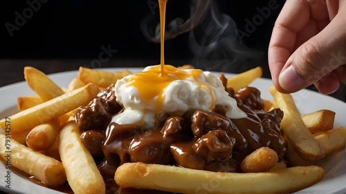 Brown gravy is poured over French fries and cheese curds in the Canadian poutine cuisine. photo