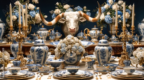 An opulent table set with fine china and flowers  with a bull s head at the center.