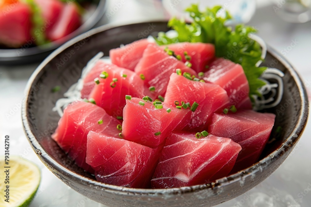 Fresh Tuna Sashimi Bowl with Scallions and Sesame Seeds Fresh Tuna Sashimi Bowl with Scallions and Sesame Seeds
