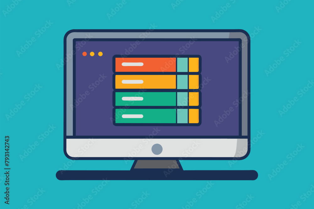 A computer monitor displaying information with a flat screen on top of it, data storage or storage indicator on the computer screen, Simple and minimalist flat Vector Illustration