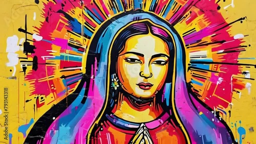 Abstract reimagining of Our Lady of Guadalupe with bold lines, vibrant street art colors, and urban elements like spray paint drips, 4k animation video photo