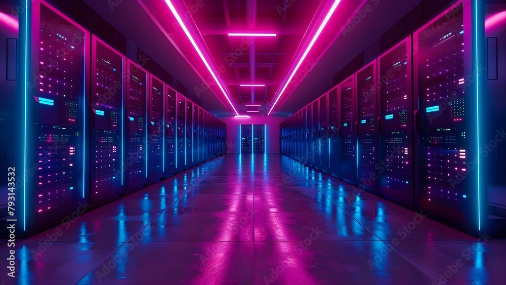 Highperformance network equipment in data center server room with neon lights. Concept Network Equipment, Data Center, Server Room, Neon Lights, High Performance