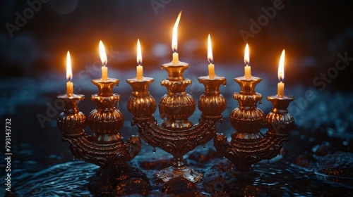 Background image of Hanukkah with menorah (traditional candelabra) and candles on a low key background photo