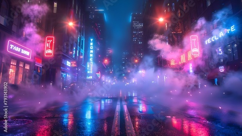 Desolate street at night illuminated by neon lights, enveloped in smoke against a dark blue background. Concept Desolate Street, Neon Lights, Smoke, Dark Blue Background, Night Scene