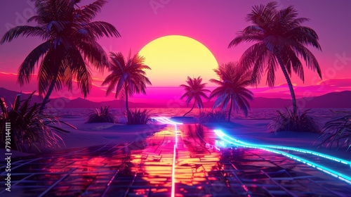 Retro futuristic sci-fi illustration infused with nostalgic 90s vibes. Features neon colors of night and sunset, depicting a cyberpunk vintage scene with sun, mountains, and palms.
