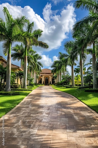 a walkway with palm trees and a building © Dumitru