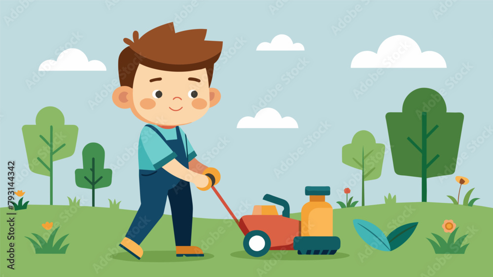 A young boy offers his lawn mowing services to his neighbors learning valuable lessons about hard work and customer service on his very first A young boy offers his lawn mowing services to his neighbors learning valuable lessons about hard work and customer service on his very first