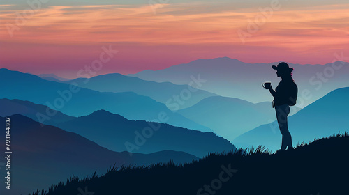 
silhueta de mulher viajante com uma xícara de café no topo da montanha photo