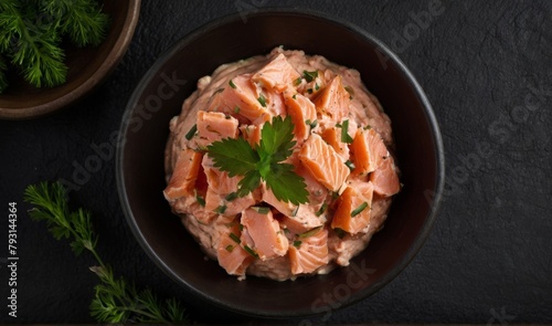 a bowl of smoked salmon spread black background