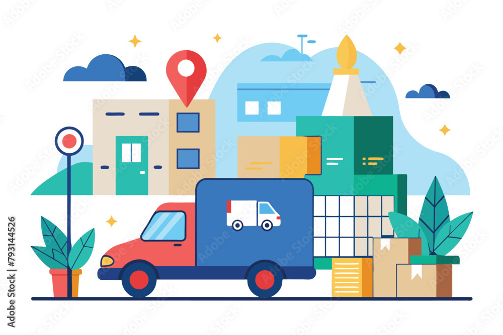 A delivery truck carrying multiple boxes on its back for transportation, Delivery services from manufacturers, Simple and minimalist flat Vector Illustration