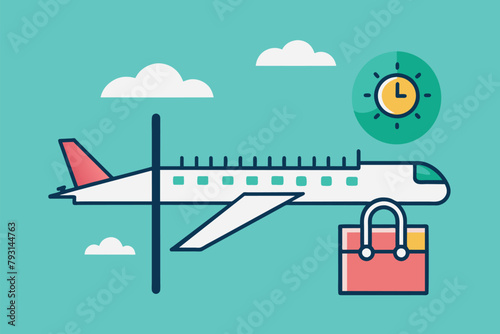 An airplane parked on the runway, with a bag and clock hovering above it, departure date, Simple and minimalist flat Vector Illustration