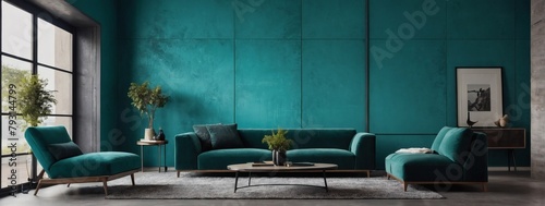 Turquoise Room Interior, Comfortable Living Room Arrangement, Unadorned Turquoise Wall