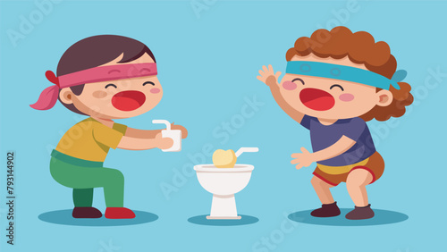 A playful game of Pin the Potty on the Toilet with blindfolded toddlers attempting to stick a out onto a cardboard out much like the classic photo