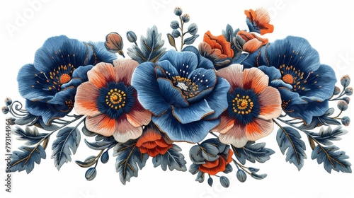 Vintage fashion trendy design modern illustration art of rose poppy daisy flowers. Women slim jeans pair decoration floral ornament print sticker embroidery. photo