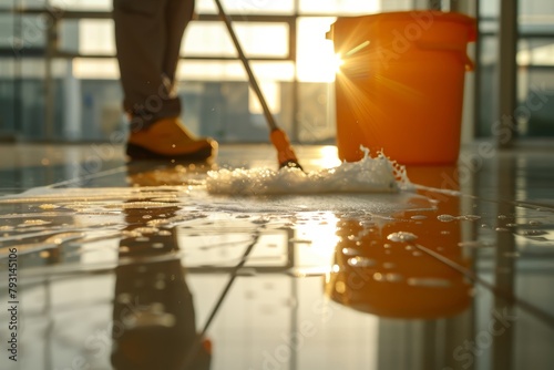 Professional cleaning team mopping office floor, close-up of mop in business building