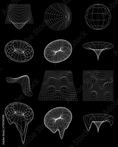 Rave psychedelic retro futuristic set in trendy y2k style. Surreal geometric shapes, and patterns, wireframe, cyberpunk elements and perspective grids, frame donuts. 3D