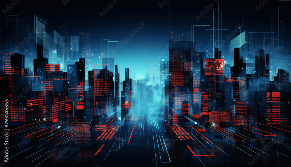 Digital city with neural network connection. Digital information flows through networks
