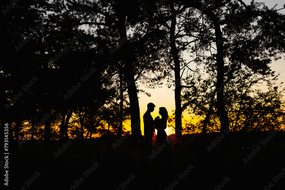 Couple standing in woods at sunset