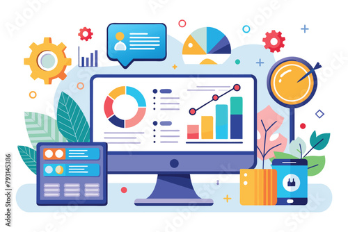 Various icons displayed on a computer screen, representing different applications and functions, digital analysis and online marketing data, Simple and minimalist flat Vector Illustration