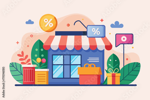 A small store with a prominent sale sign above it, indicating discounts and promotions to potential customers, Discount day online store, Simple and minimalist flat Vector Illustration