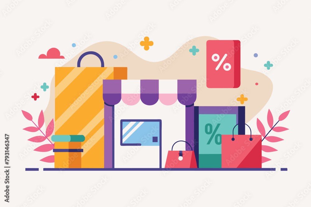 A building displaying a sale sign with multiple bags in front, Discount shopping trending, Simple and minimalist flat Vector Illustration