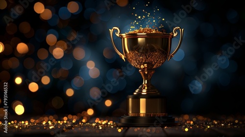 The image shows a trophy with abstract glitter lights over a wooden table and dark background