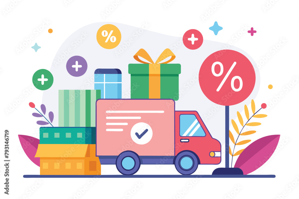 Naklejka premium A delivery truck transporting a stack of presents on its roof, Discount shopping with free shipping, Simple and minimalist flat Vector Illustration