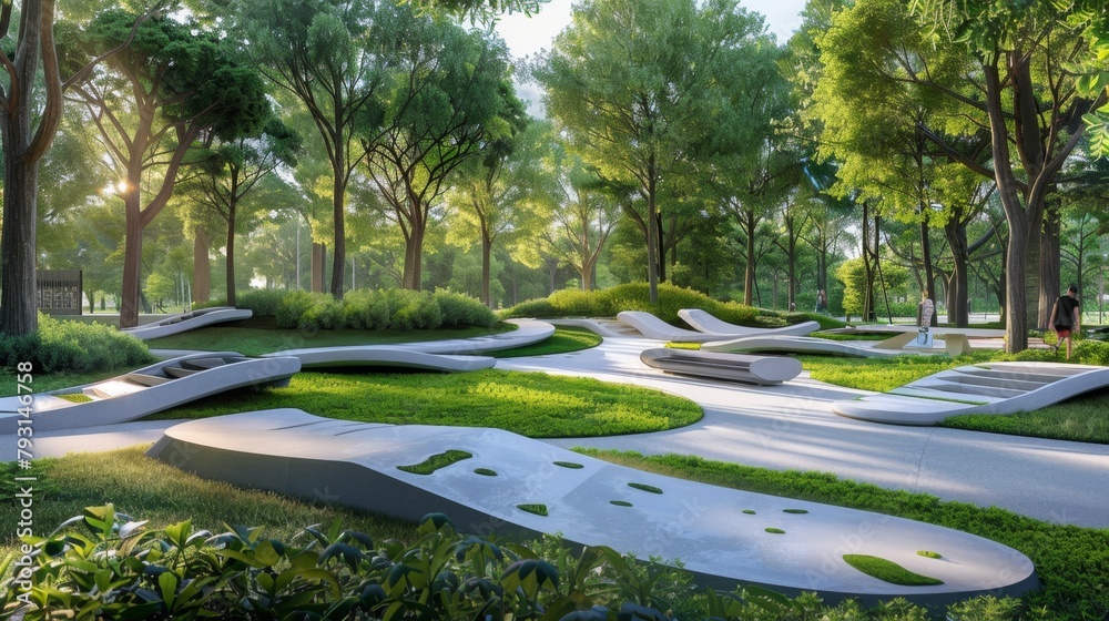 A modern urban park with minimalist landscaping and interactive art installations; providing a vibrant green space for relaxation and recreation. 