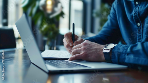 Young business man hands writing notes and generating business ideas on laptop