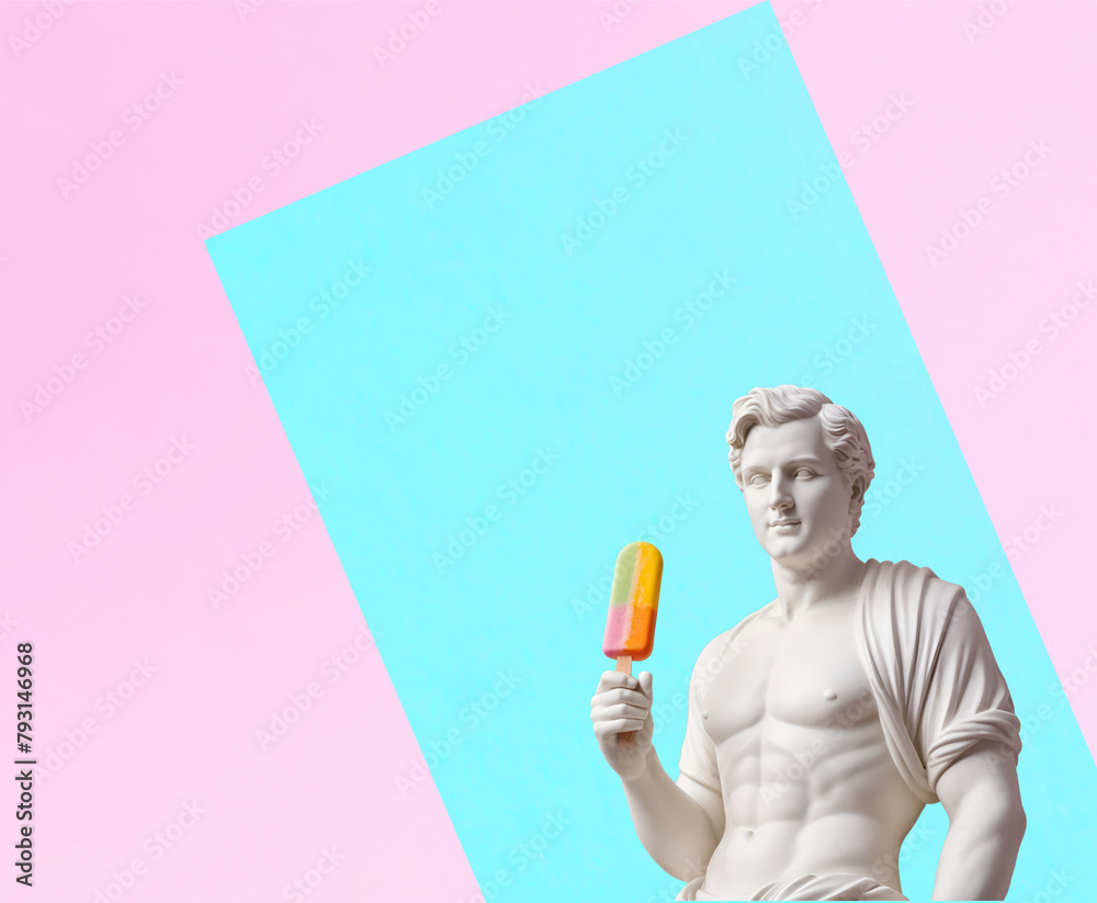 An artistic concept featuring a classical statue holding a popsicle with a pastel backdrop An artistic concept featuring a classical statue holding a popsicle with a pastel backdrop