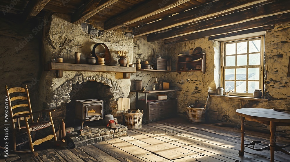 A Cozy and Rustic Cabin Interior Featuring Exposed Wooden Beams and a Stone Fireplace
A Cozy and Rustic Cabin Interior Featuring Exposed Wooden Beams and a Stone Fireplace