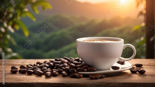  A photorealistic image of a hot coffee in a white cup placed on a wooden table adorned with red beans and surrounded by lush plantations during sunrise. The focus should be on capturing the warmth of