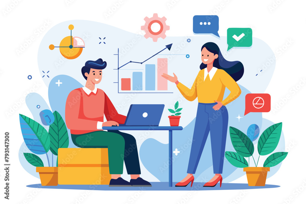Two individuals engaged in discussing business development and growth over a laptop at a table, discussion of business development and growth, Simple and minimalist flat Vector Illustration