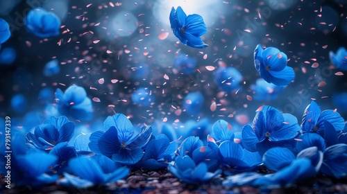   A cluster of blue blooms suspended in the air, surrounded by a radiant light at their center © Nadia