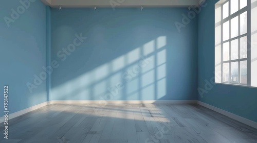 A large  empty room with a blue wall and white trim. The room is very bright and airy  with a large window letting in plenty of natural light. The room is very clean and uncluttered