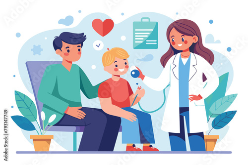 Doctor Listening to Child With Stethoscope, doctor and nurse checking patient heart health medical examination, Simple and minimalist flat Vector Illustration
