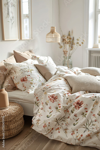 Scandinavian Serenity: Bedroom with Floral Patterned Throw Pillows on a Neutral Palette