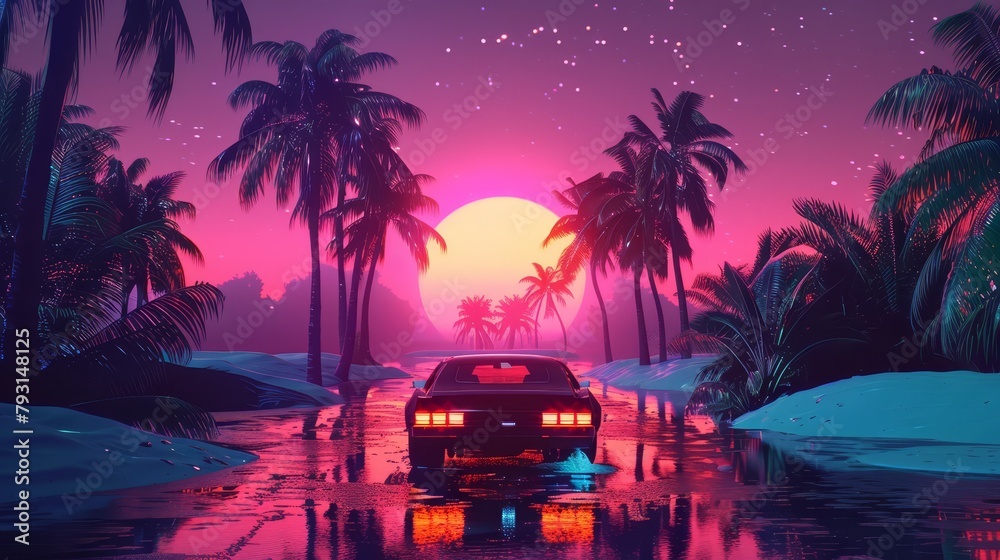Retro-futuristic synthwave landscape illuminated by neon lights, palm trees against a radiant sunset. Features a retro car cruising through the vibrant 80s-inspired scene, complete with a stylized sun