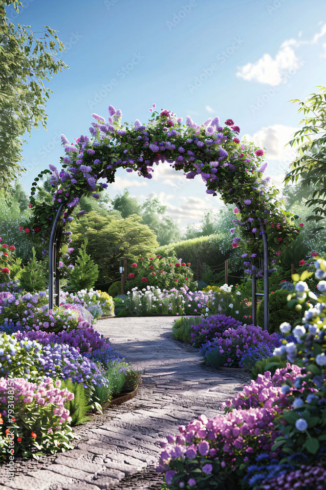English Garden Serenity: Floral Archway and Manicured Beds