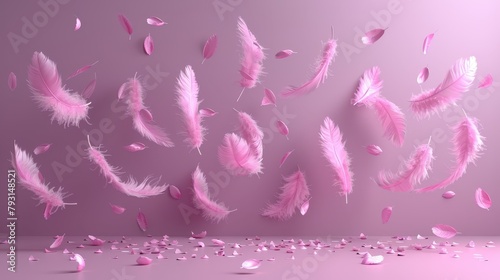   A pink backdrop filled with drifting pink feathers and scatteredly placed petals on the ground photo