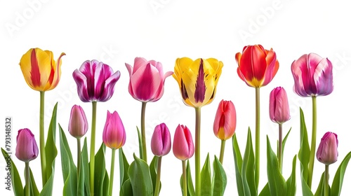 This is an image of a row of tulips against a white background.