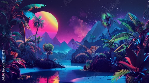 Vaporwave  neon landscape with palms and sunset. A retro futuristic  sci-fi illustration with 90s nostalgia. Features vibrant night and sunset neon colors.