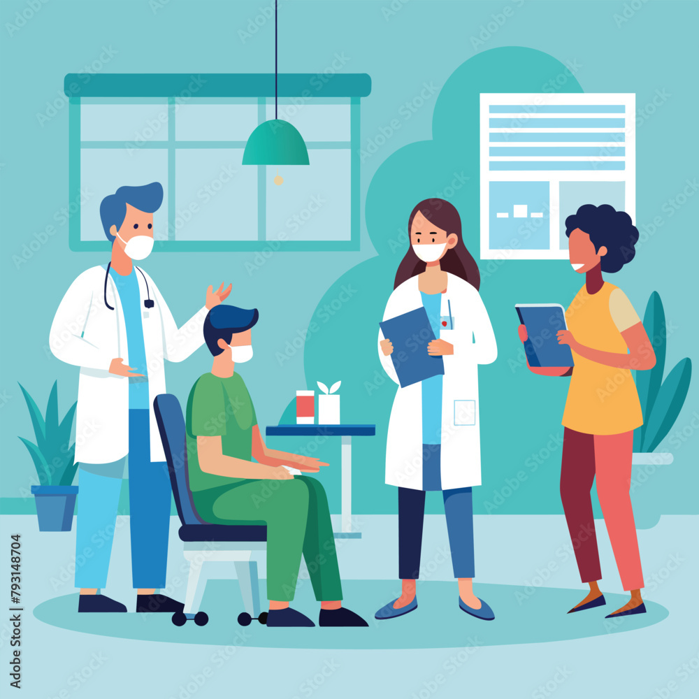 Group of doctors and nurses gathered around a table, engaged in a discussion at the hospital, doctors and nurses are discussing in the hospital room, Simple and minimalist flat Vector Illustration