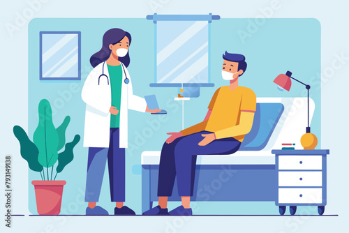 A doctor is holding a conversation with a patient in a hospital room, doctor talking to patient in hospital room, Simple and minimalist flat Vector Illustration
