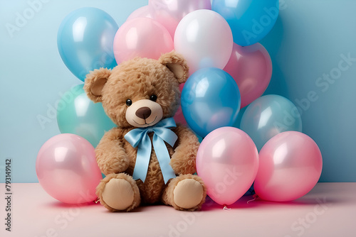 Teddy bear and balloons, birthday party, gift, present, event decoration.