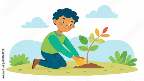 A young boy kneeling down to plant a sapling in a designated area with a proud smile on his face as he learns about the importance of planting