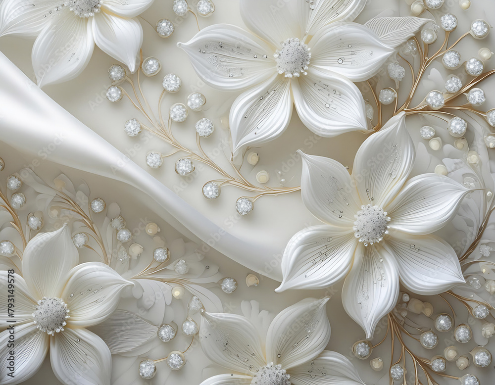 White background with flowers, silk and diamonds White background with flowers, silk and diamonds