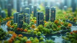 Miniature tilt-shift images of eco-friendly business environments underscore clean energy initiatives and corporate social responsibility for a sustainable future